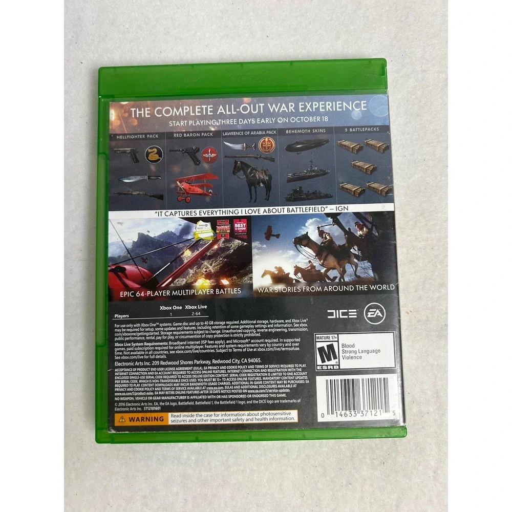 WWI FPS Battlefield 1 Early Enlister Deluxe‎ Edition Xbox One Green Case Shooter